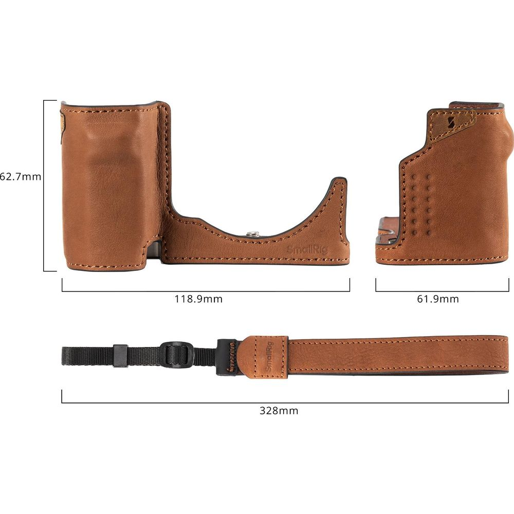 A brown leather case with strap and dimensions.