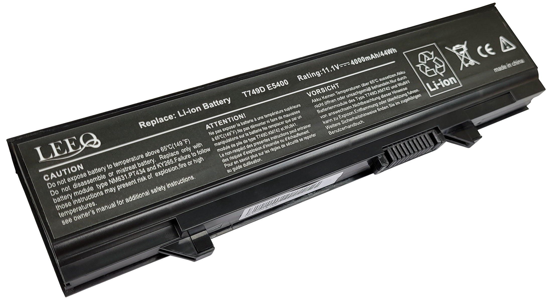 Czarna bateria do laptopa z etykietami 'Li-ion', 'CAUTION', 'ATTENTION!', 'VORSICHT'.