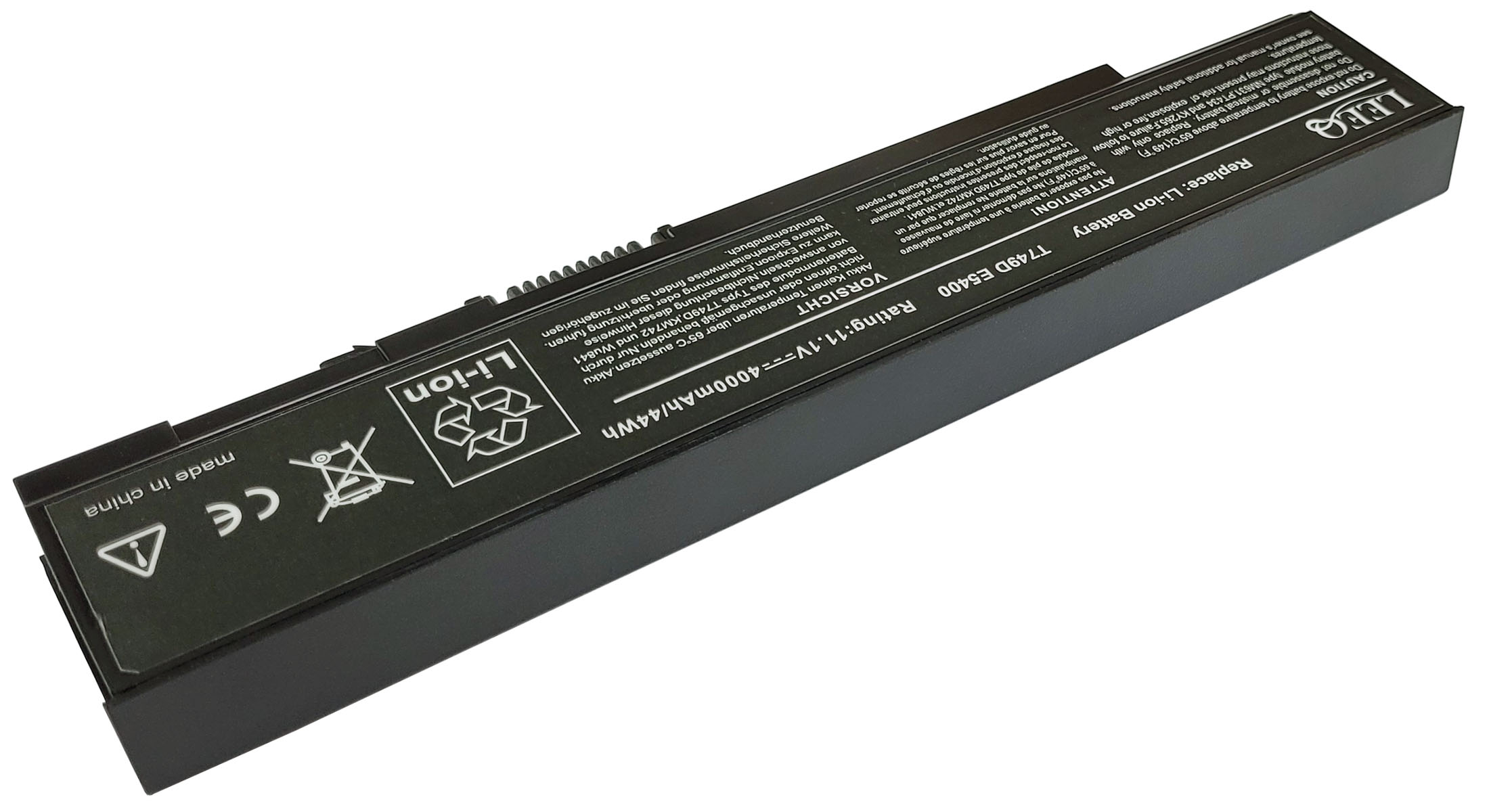 Czarna bateria litowo-jonowa z napisami, Made in China, oznaczenie CE.
