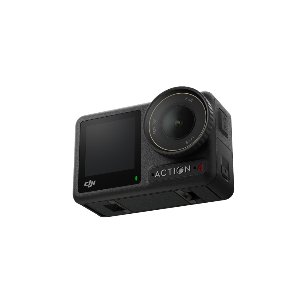 A black DJI Action 4 camera with lens and screen on a white background.