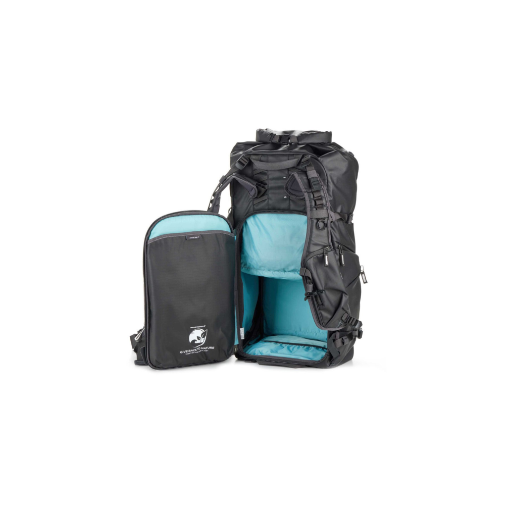 A black backpack with an open main compartment and light blue interior lining.