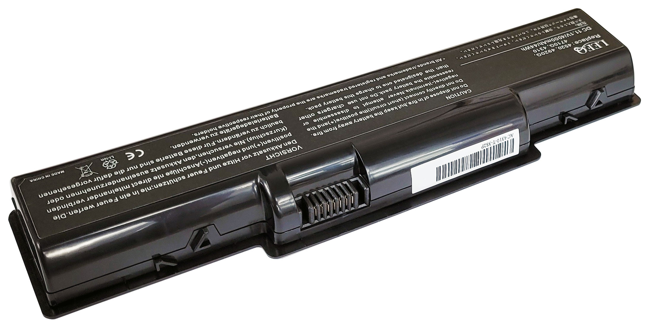 Czarna bateria do laptopa z etykietami i złączami, Made in China.