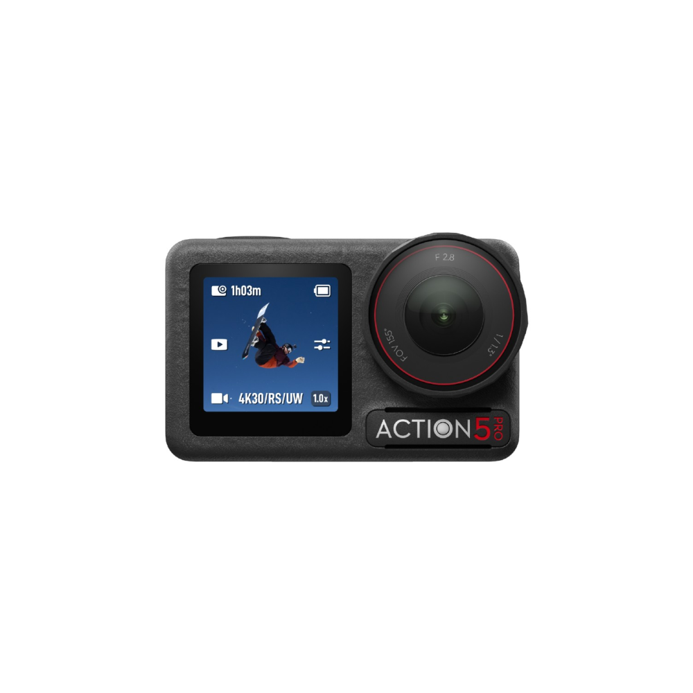 Action camera with screen showing a snowboarder. F2.8 lens.