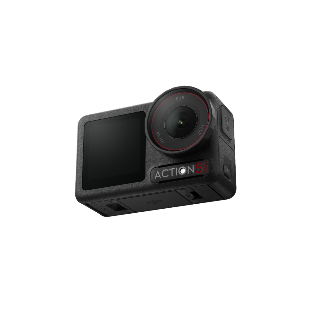 A black action camera with a screen and lens. Text reads ACTION 5.