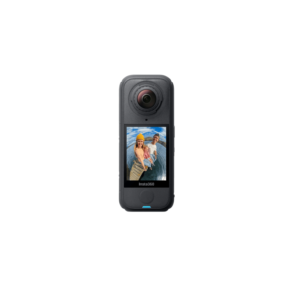 360 camera showing a family on a dock. White background.