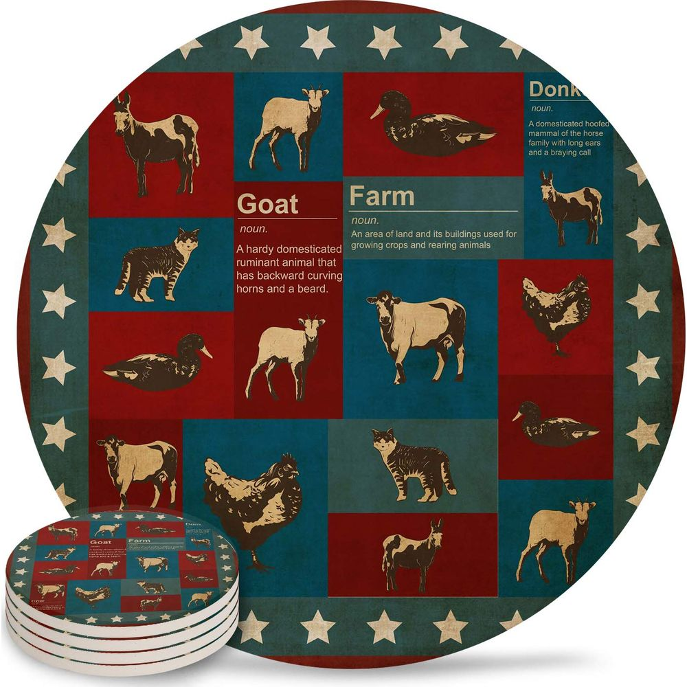 Farm animals and definitions on a round mat with stars border. A stack of coasters is visible.