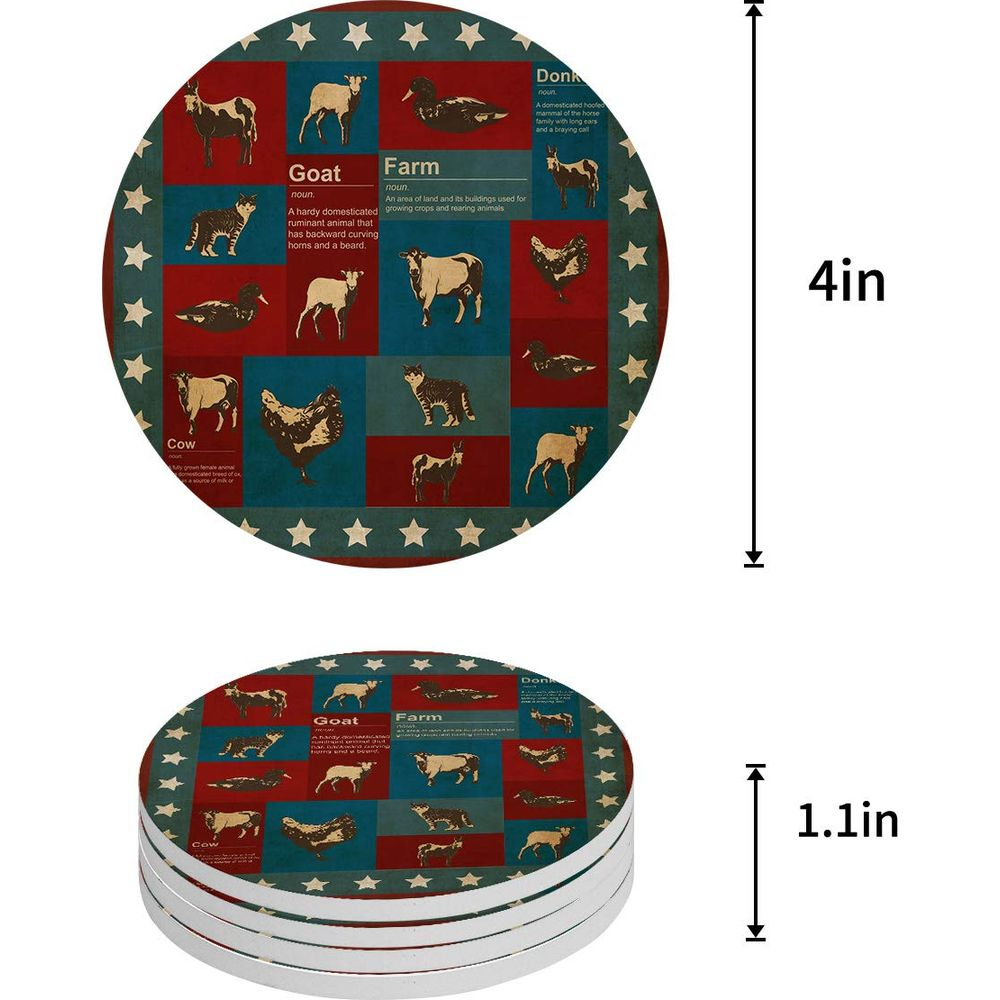 Coasters with farm animals and definitions on a red, blue, and green star background.