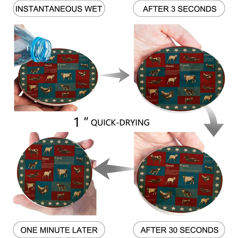 Four images show a coaster getting wet then drying.