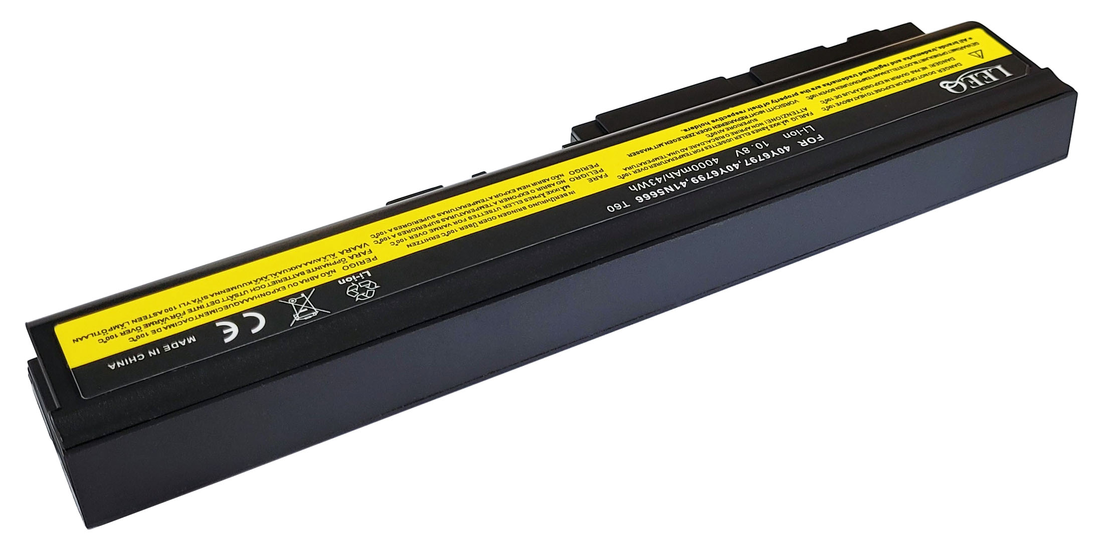 Czarna bateria litowo-jonowa z żółtą etykietą ostrzegawczą, model 40Y6797, 10.8V.