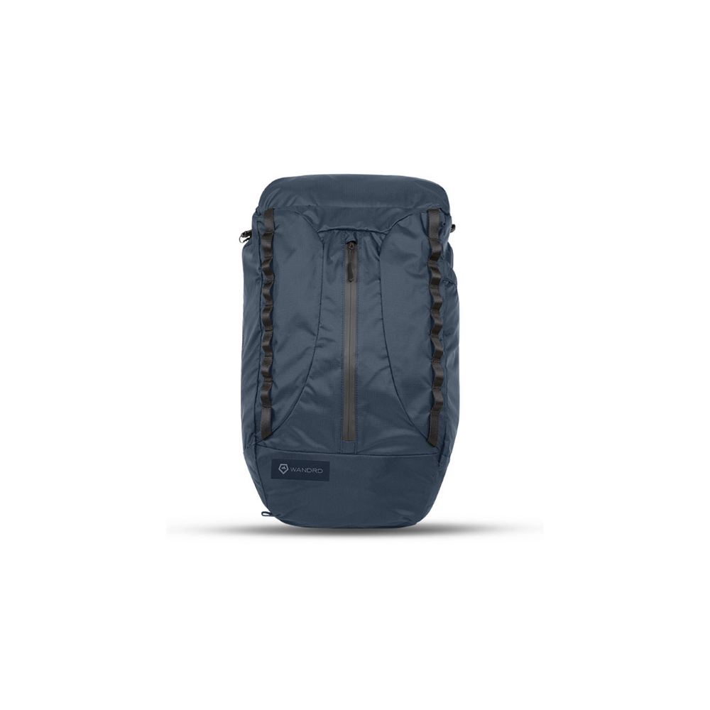 A dark blue backpack with a zippered compartment and straps.