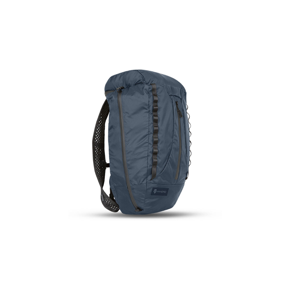 A blue backpack with black straps and zippers.