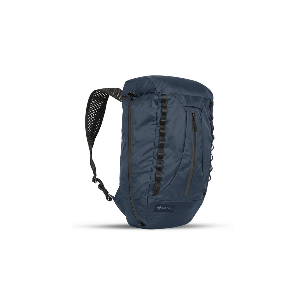 A dark blue backpack with black zippers and straps, shown on a white background.