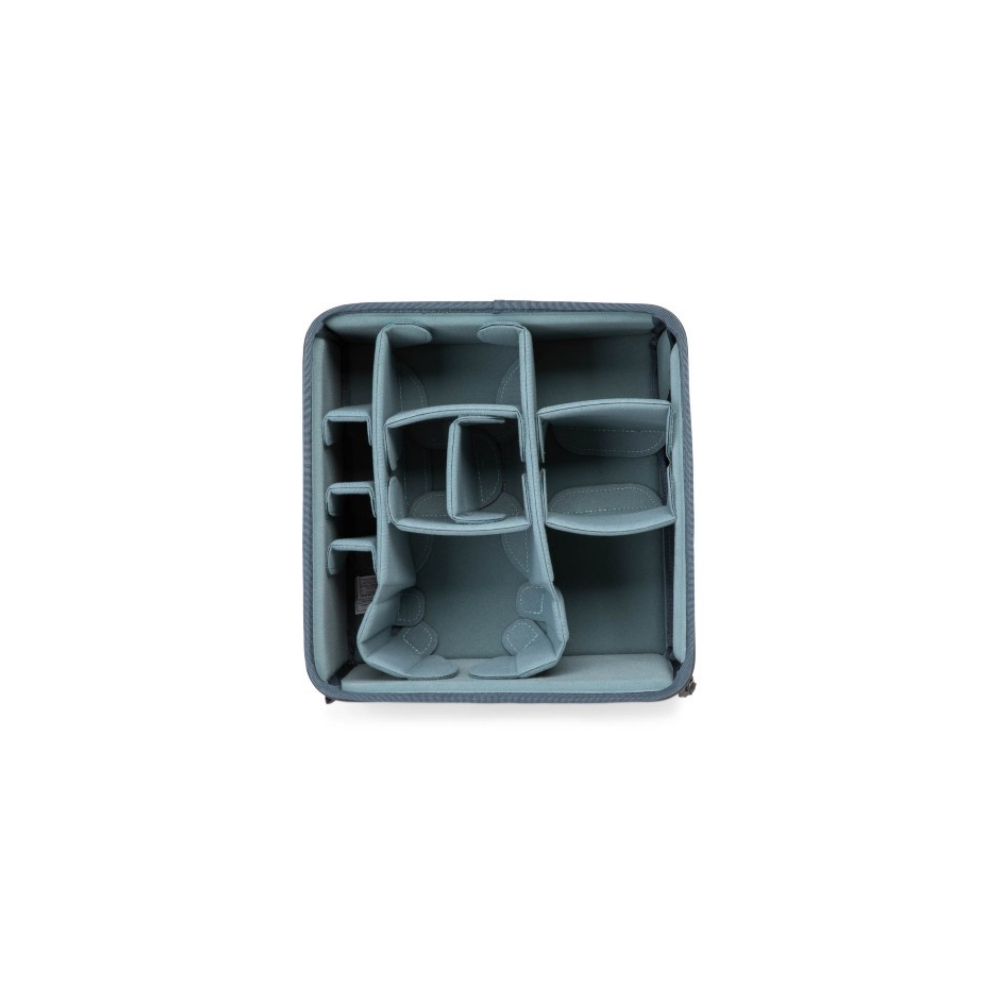 A gray camera bag organizer with multiple compartments, viewed from above.