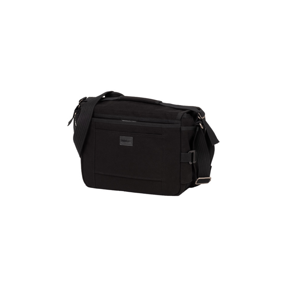 A black messenger bag with an adjustable strap and buckles.