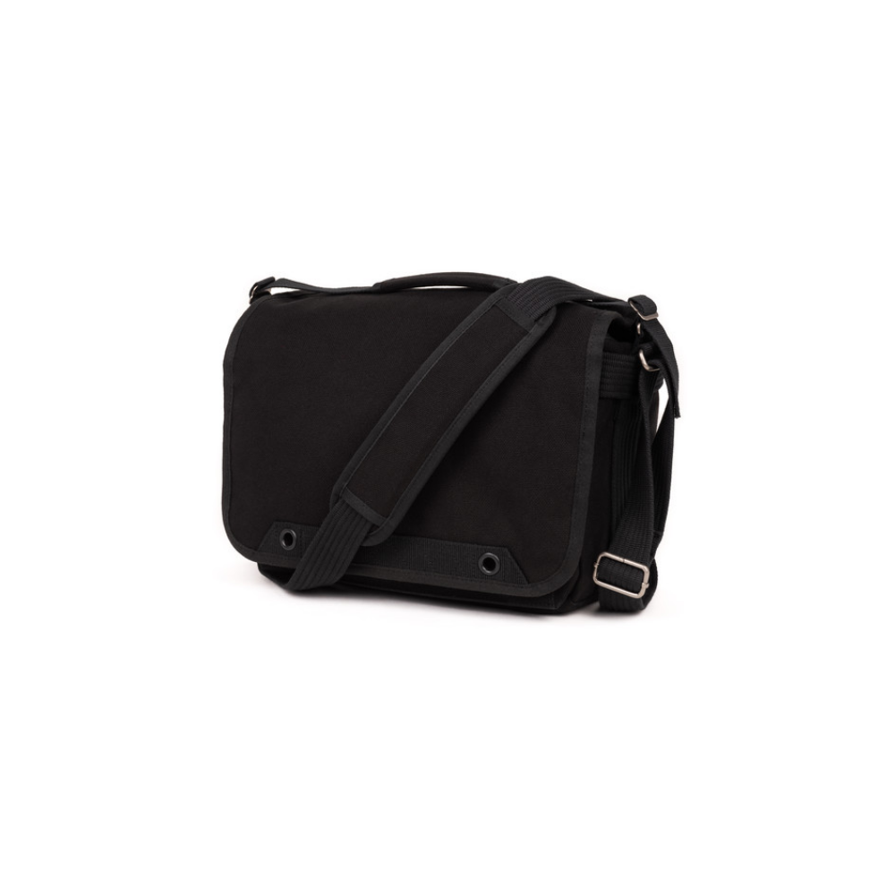 A black messenger bag with an adjustable strap and buckle details.