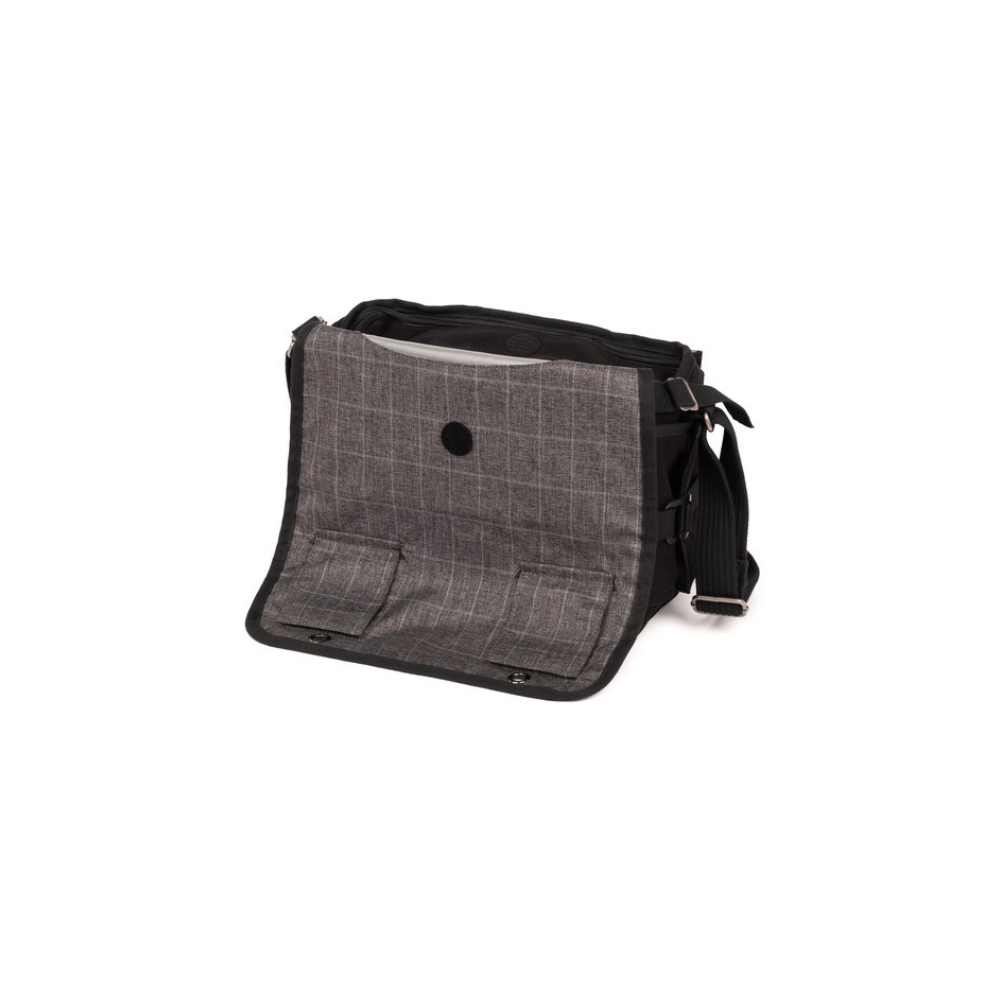 A gray messenger bag with a checkered flap and front pockets.