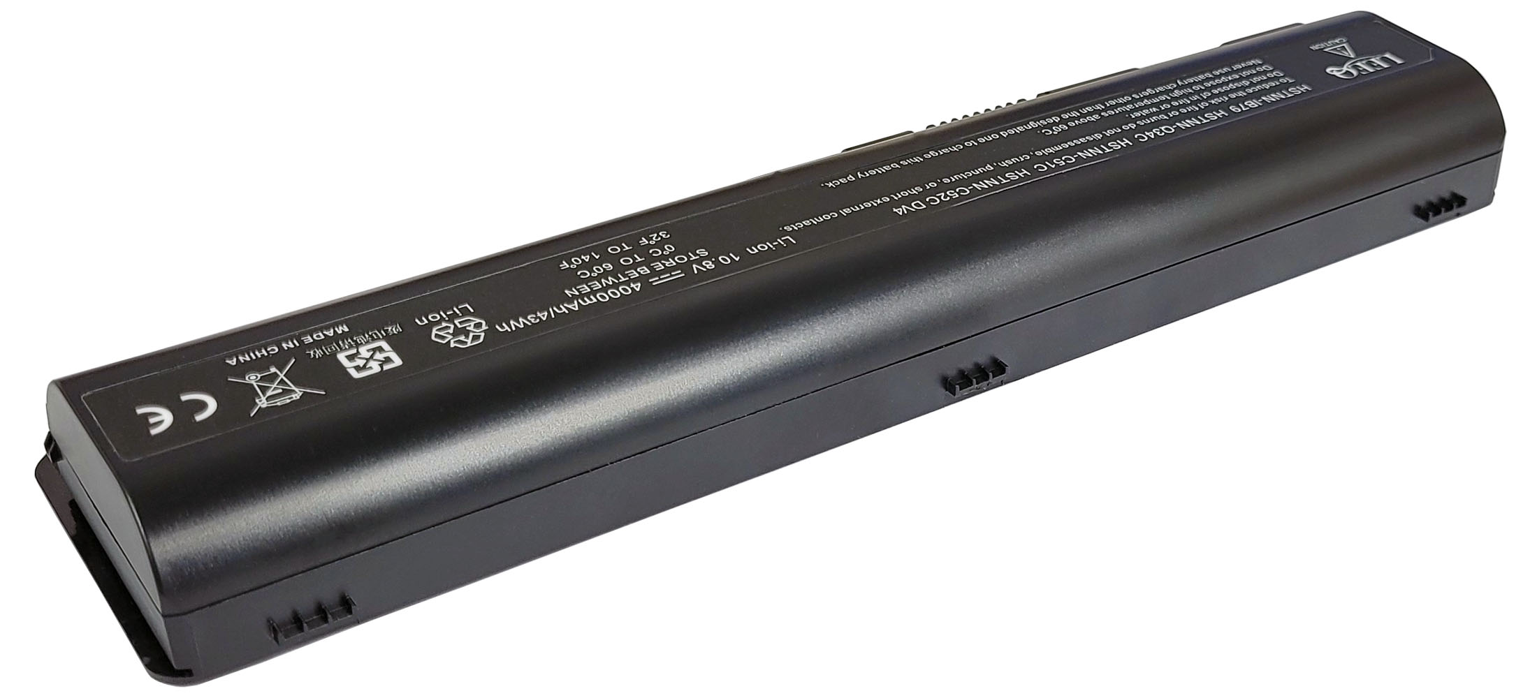 Czarna bateria do laptopa z oznaczeniami CE, Made in China, 10,8V, 4000mAh.