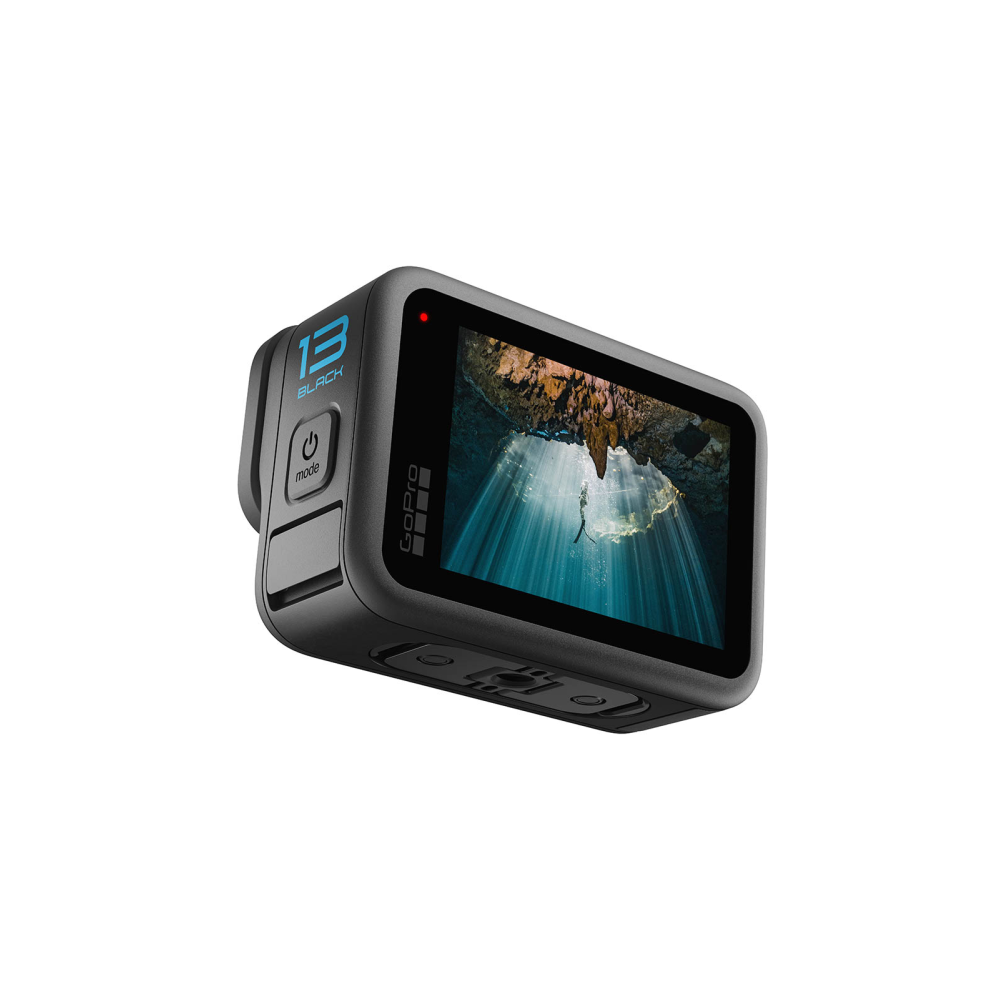 Black GoPro Hero 13 camera with screen showing a diver in a cave.