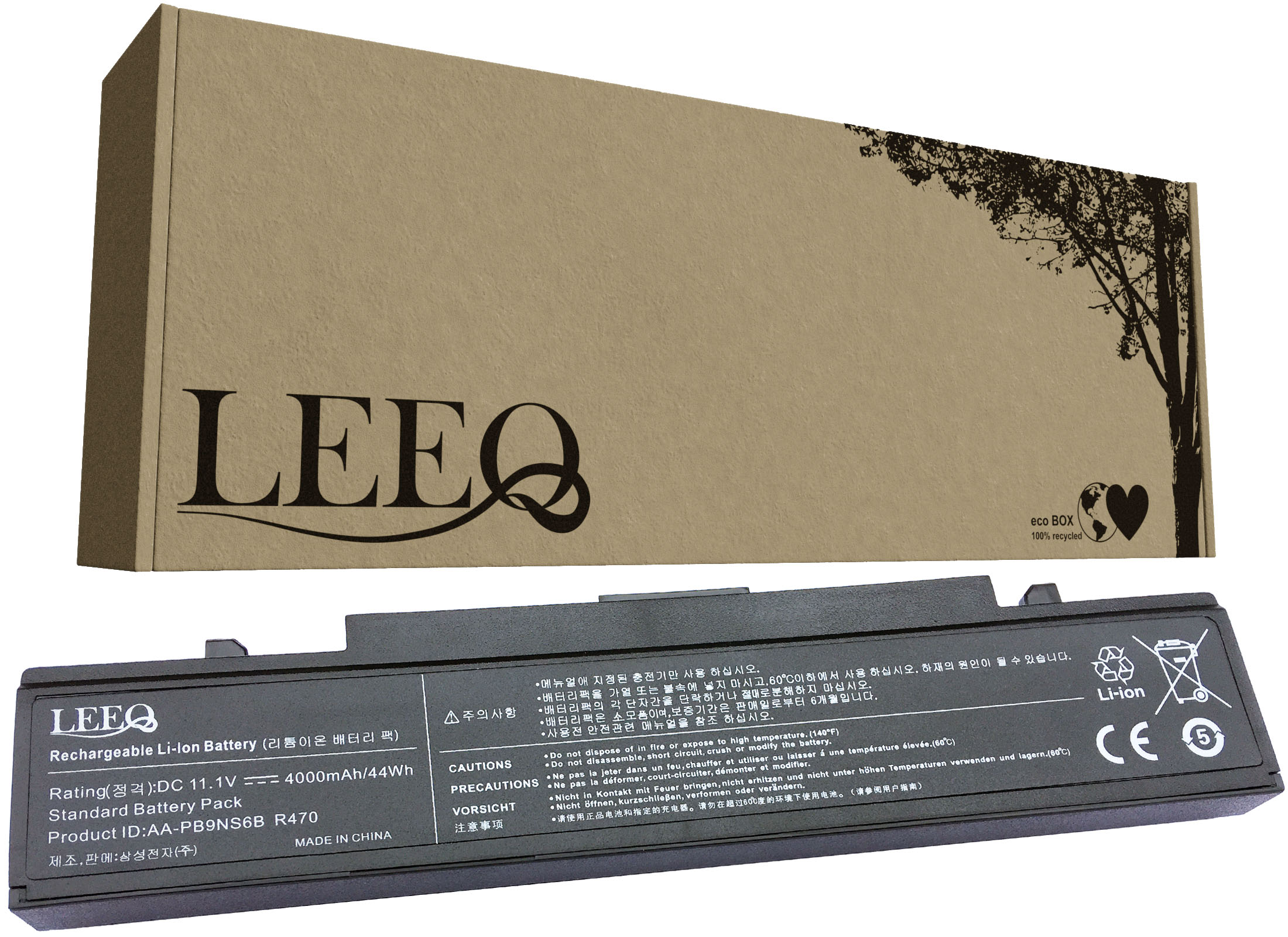 Brązowe kartonowe pudełko z logo "LEEQ" i baterią do laptopa.