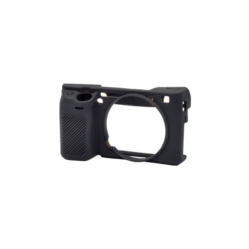 Zwarte siliconen camerahoes met lensopening en griptextuur.