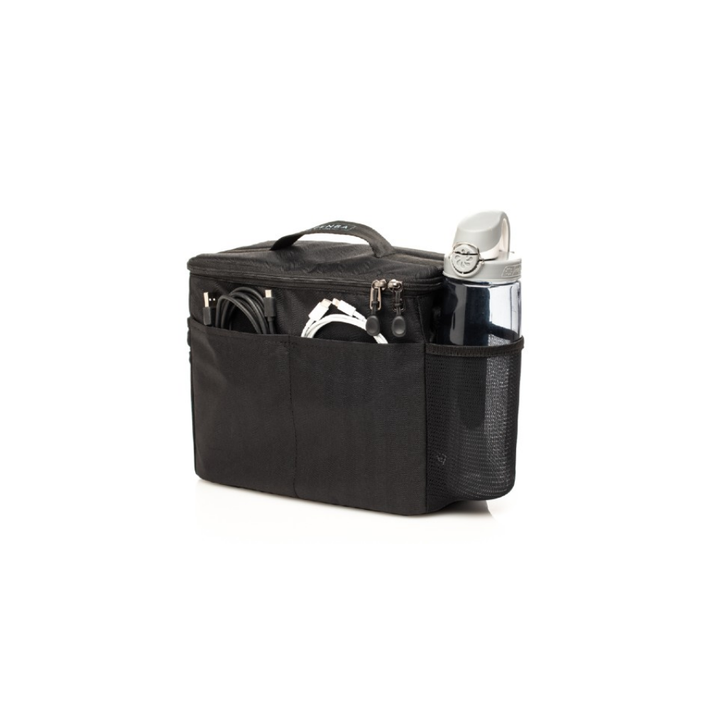 Black bag with buckles, cables, and a water bottle.
