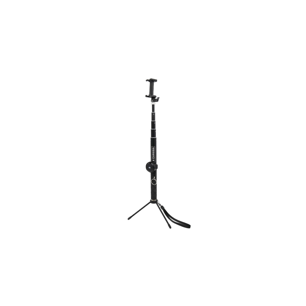 A black selfie stick with a tripod base and phone holder.