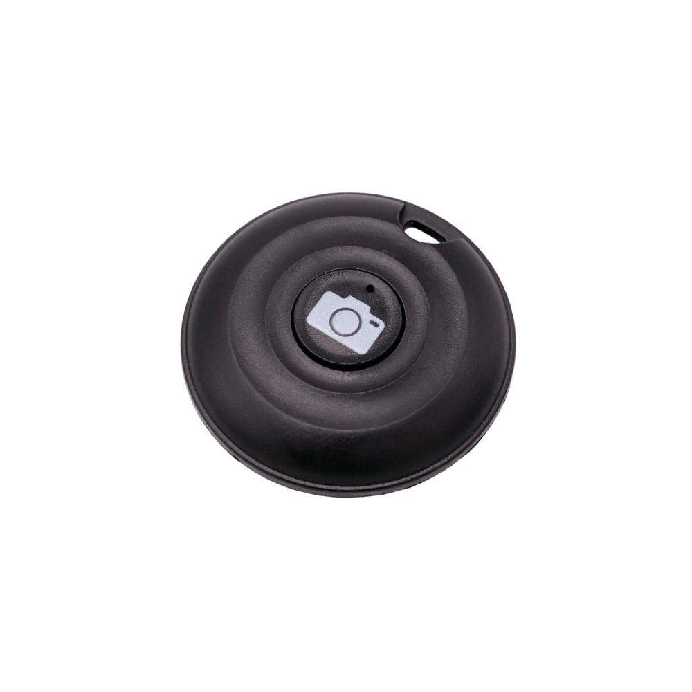 A black, round remote shutter button with a camera icon in the center.