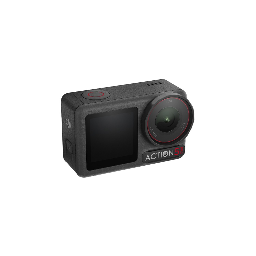 Compact black action camera with lens and display.