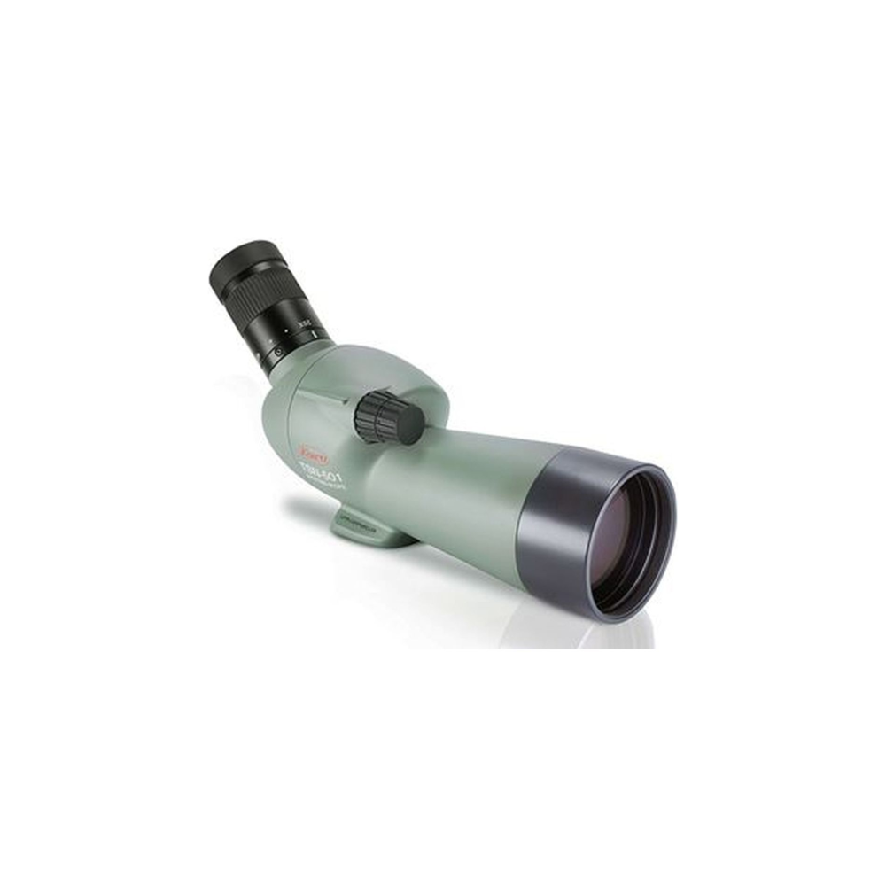 Een groene telescoop met zwarte lens en scherpstelknop op witte achtergrond.