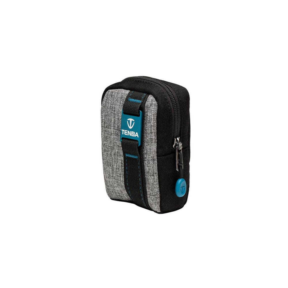 A small black and gray bag with blue accents and the Tenba logo.