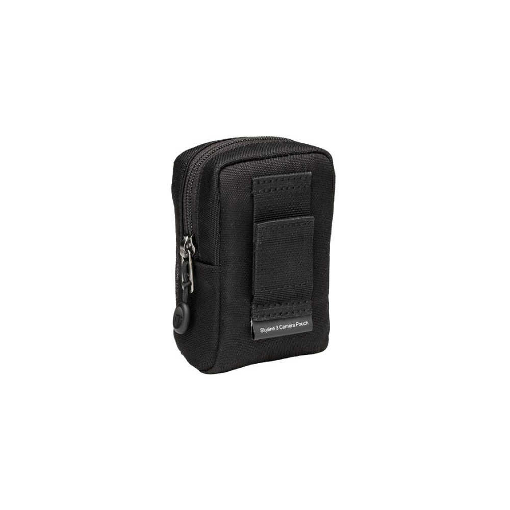 A black camera pouch with a zipper and a belt loop.