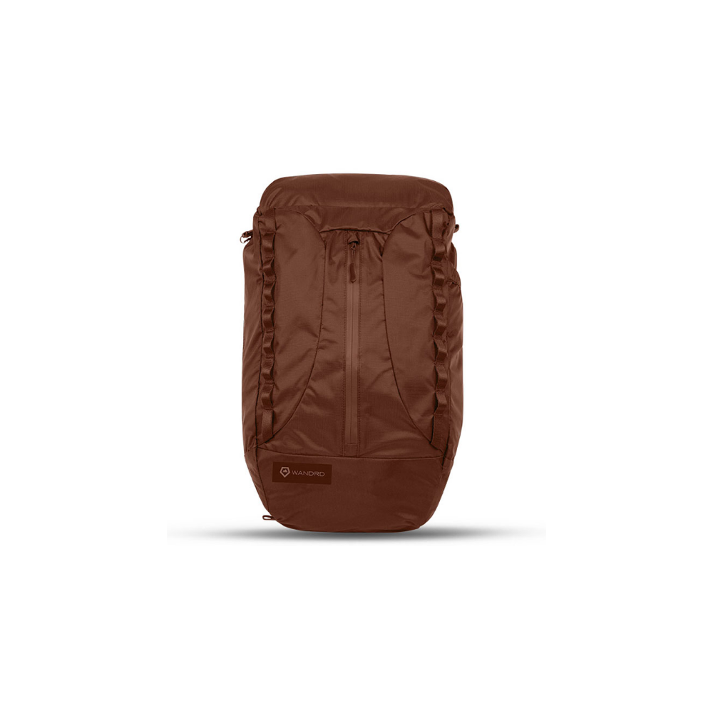 A brown backpack with zipper and logo, isolated on a white background.