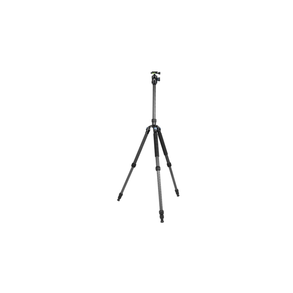 A black carbon fiber tripod stands against a white background.