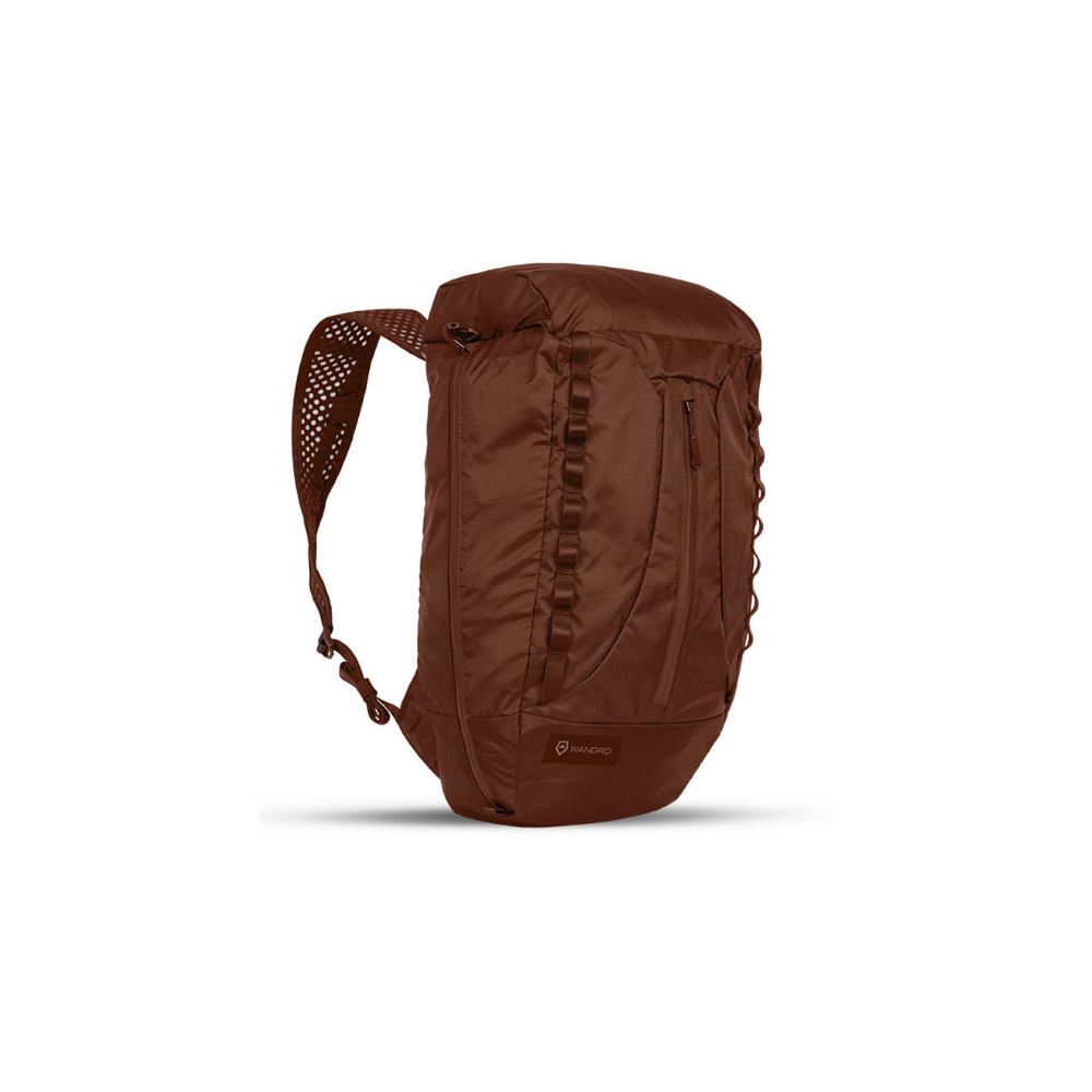 Brown backpack with a mesh shoulder strap and zippered pockets.