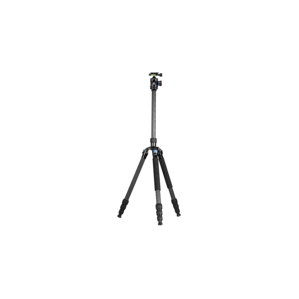 A black carbon fiber tripod with three legs and a ball head mount.
