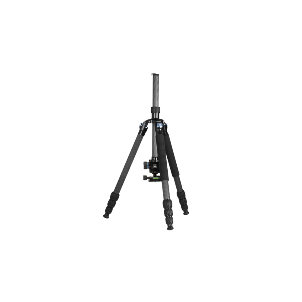 A black carbon fiber tripod with a ball head and three adjustable legs.