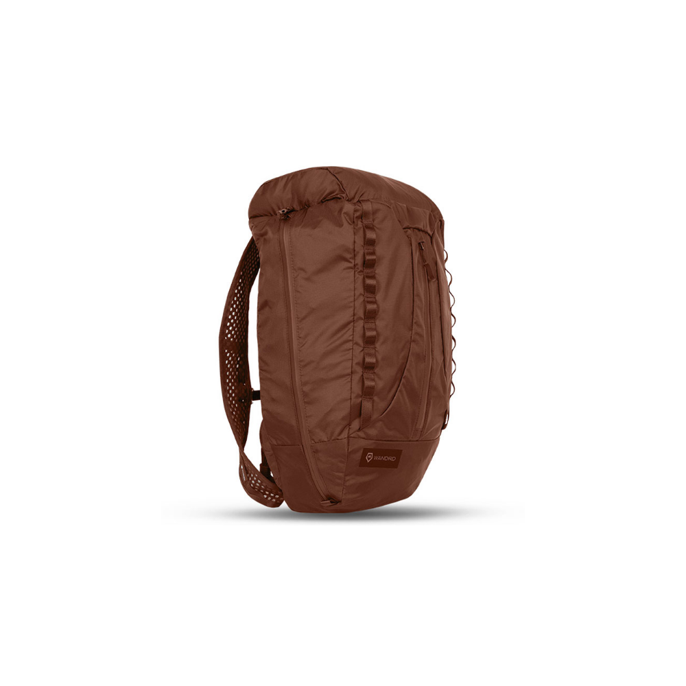 A brown backpack with mesh straps and buckles, set against a white background.
