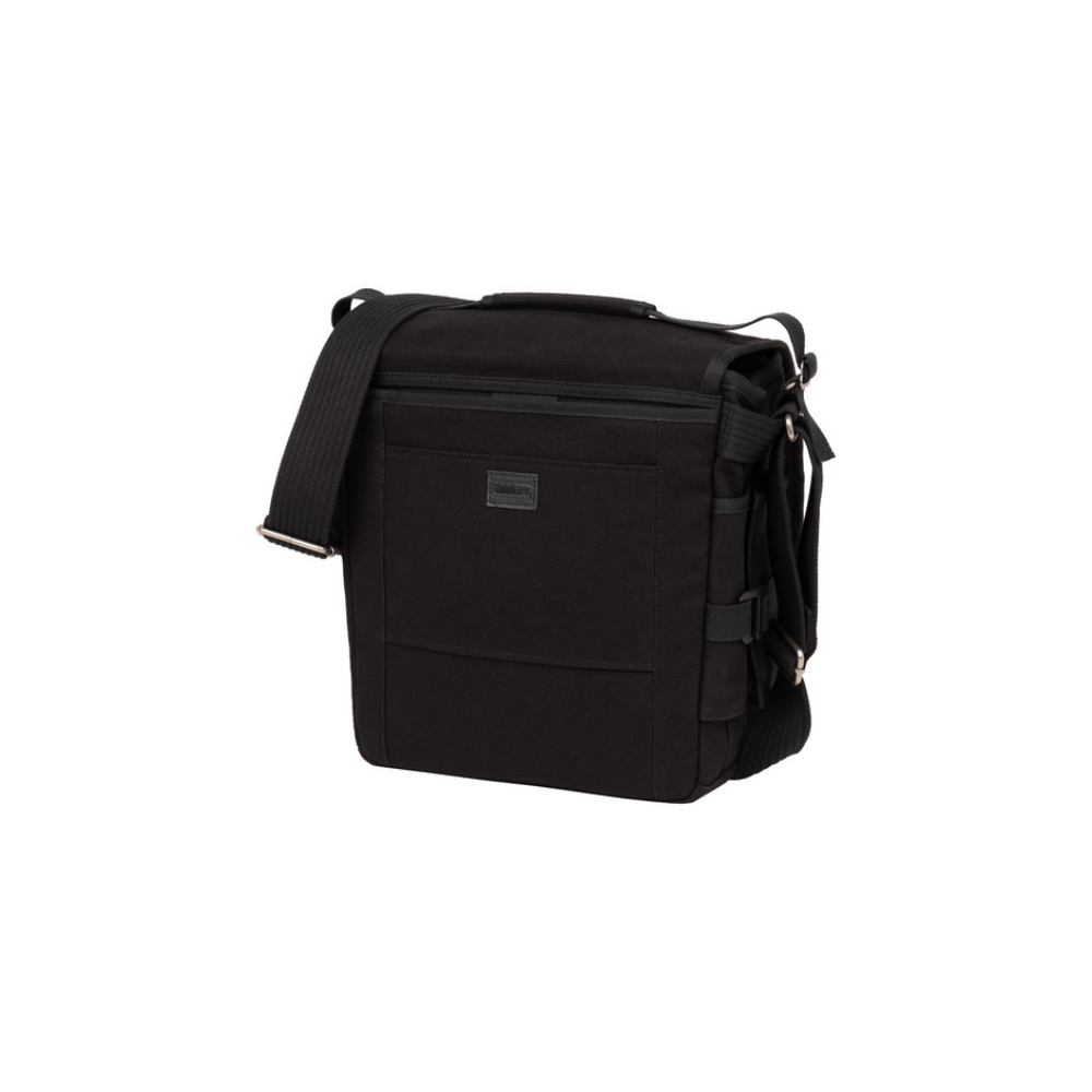 A black messenger bag with a shoulder strap and multiple pockets.