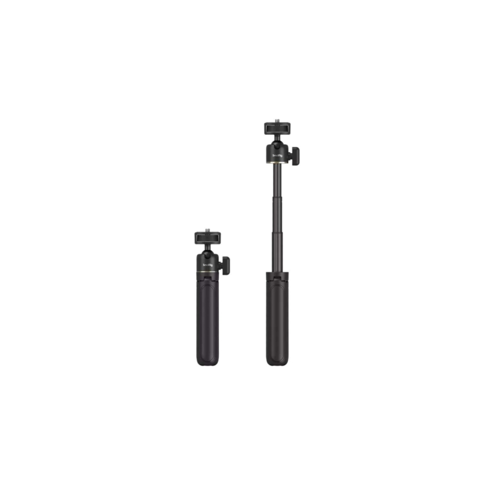 Two black selfie sticks, one extended, the other collapsed. White background.