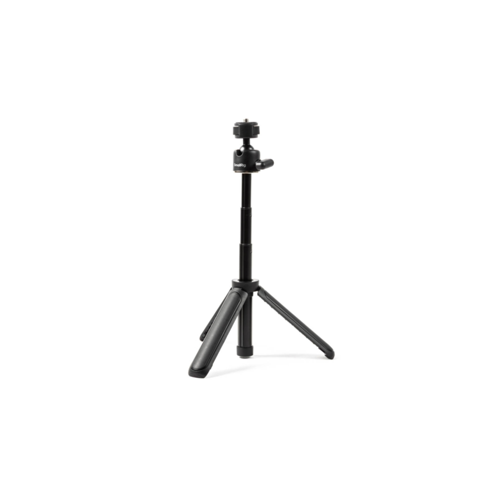A small black tripod with an extendable neck and ball head.