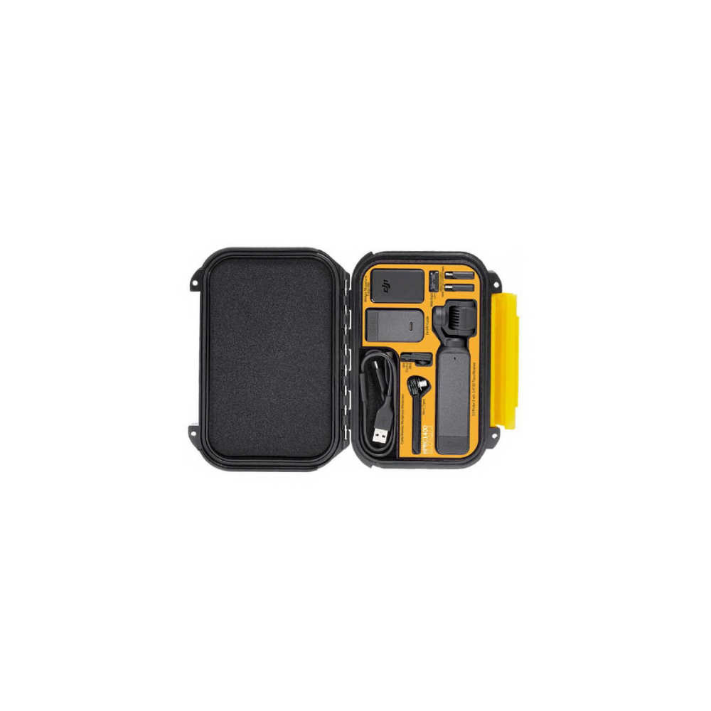 Open black case with DJI camera accessories, yellow lining.