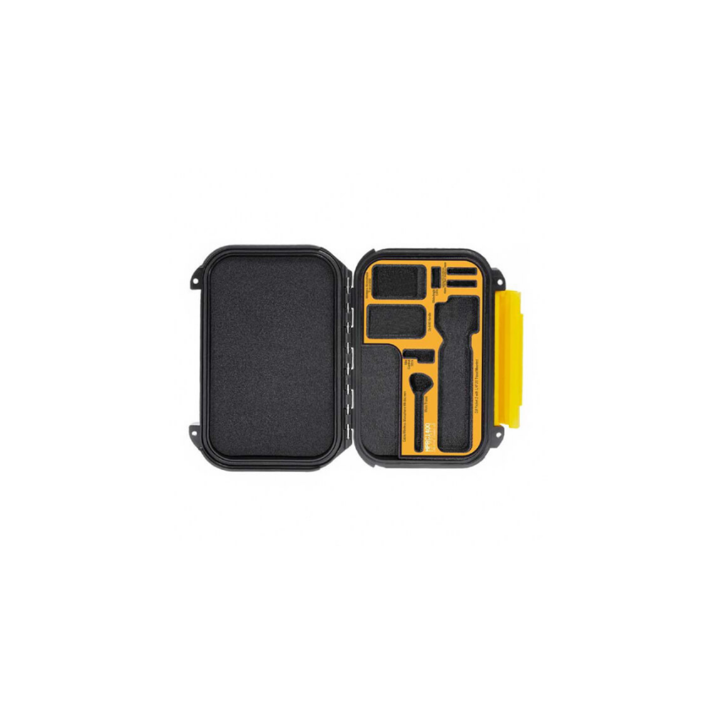 Open black case with yellow foam inserts for tools.