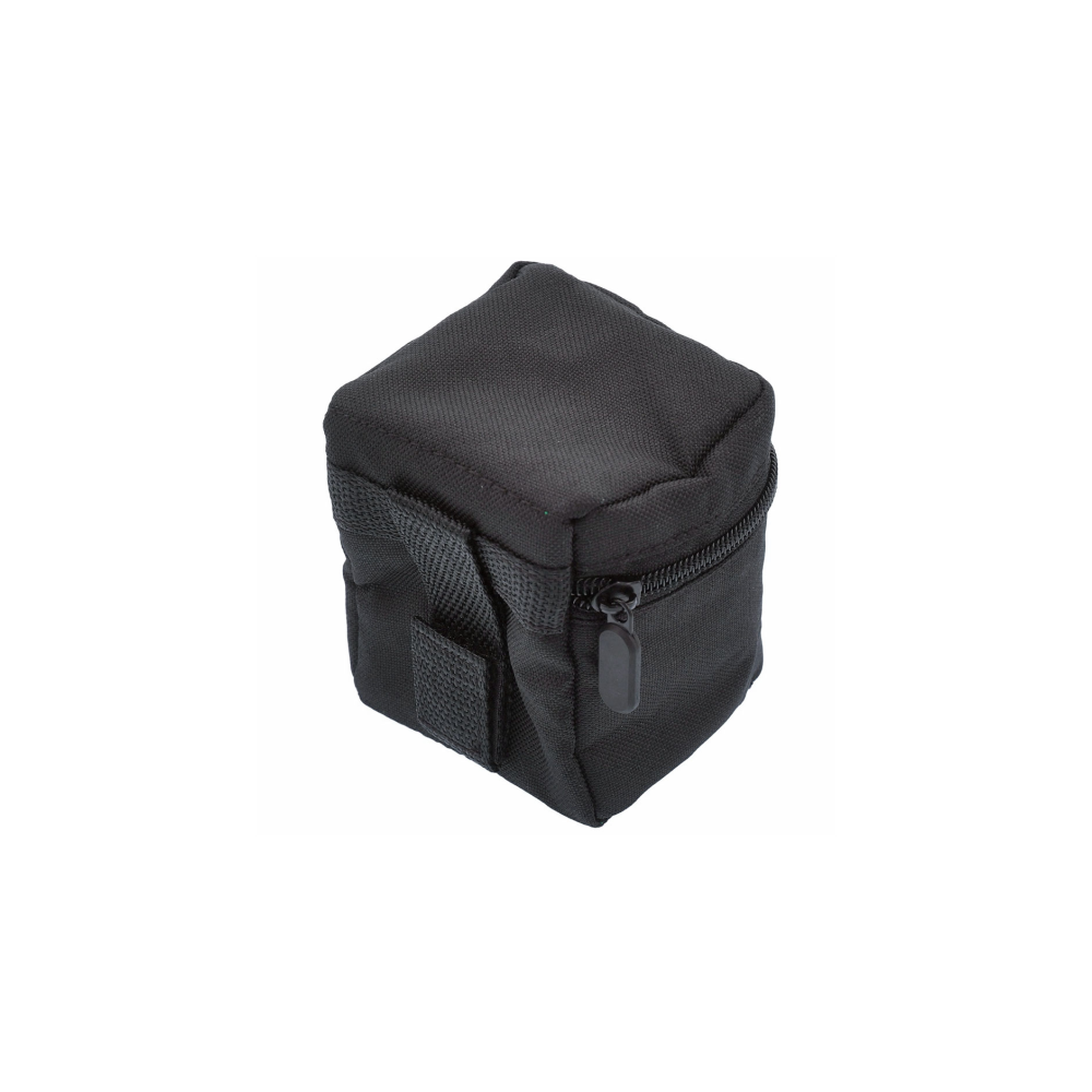 A small black zippered bag with a fabric loop on the side.