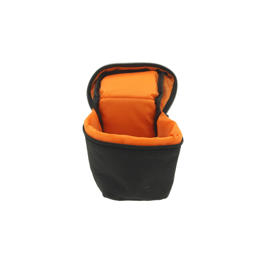 A black pouch with orange lining, open at the front.