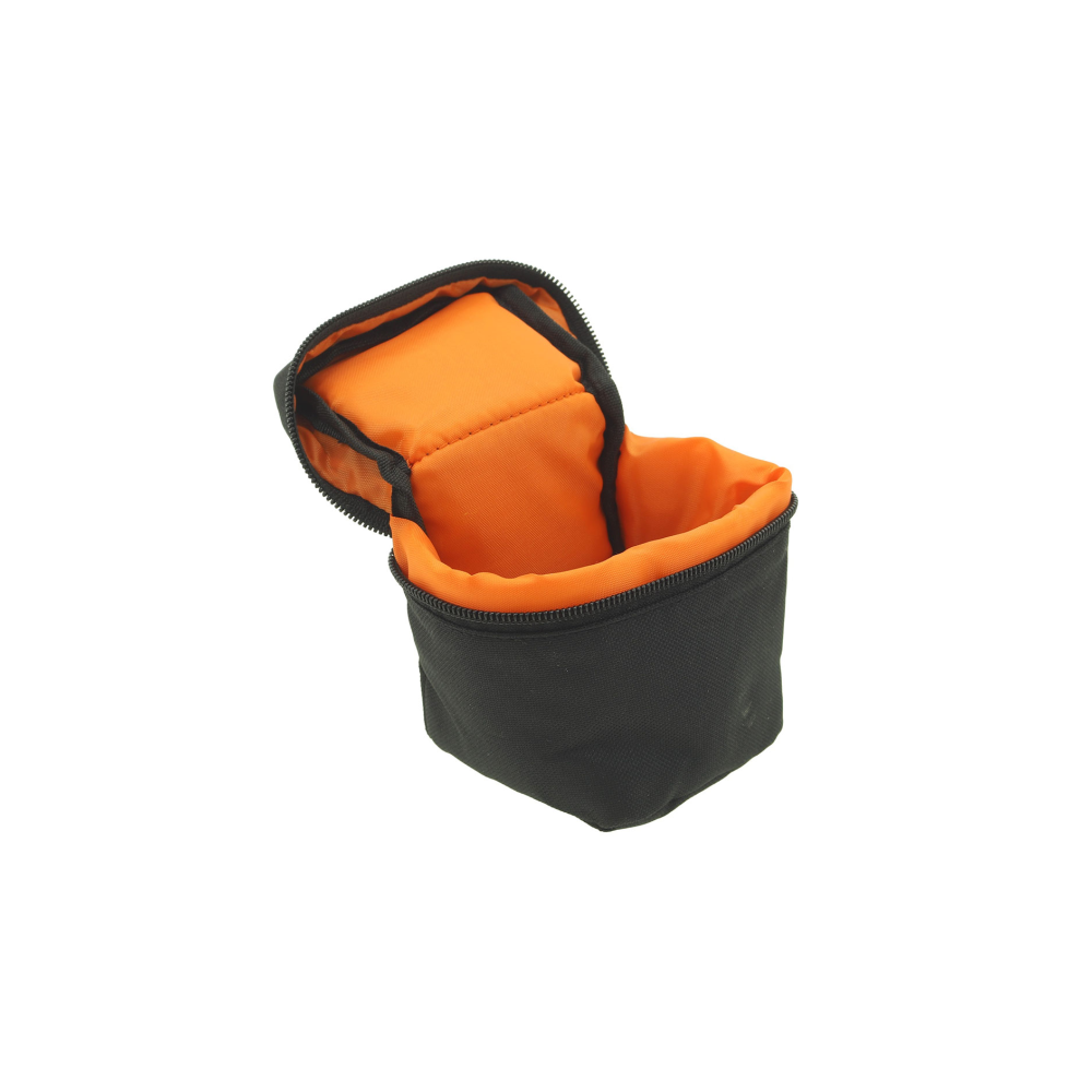An open black pouch with an orange interior, isolated on a white background.