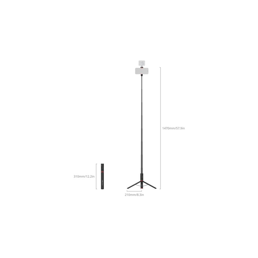 A tripod with camera and remote, with dimensions shown.