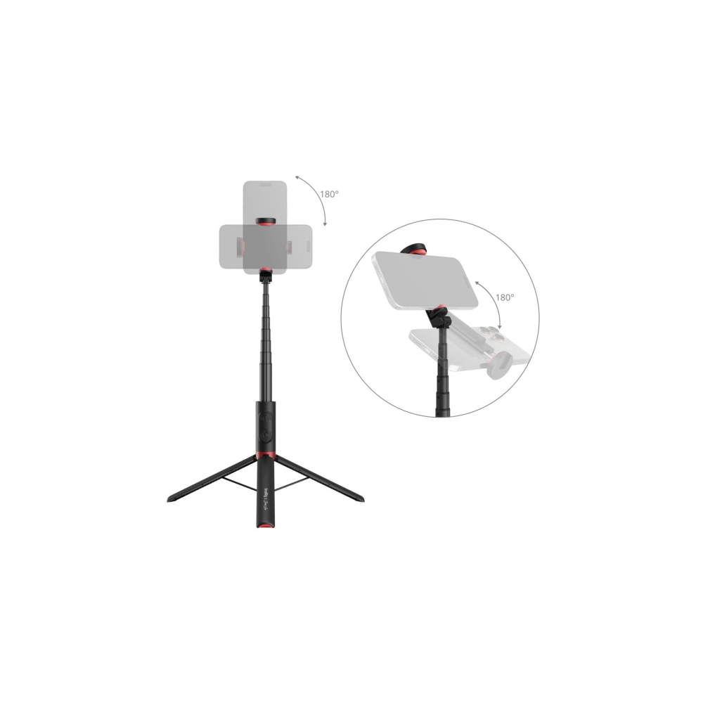 A black selfie stick with a tripod and phone holder, rotating 180 degrees.