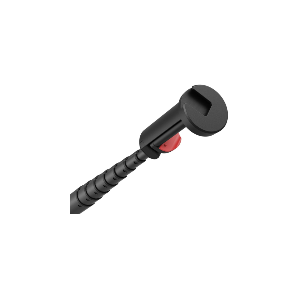 Black flexible cable with a red button and a black connector with a U-shaped slot.