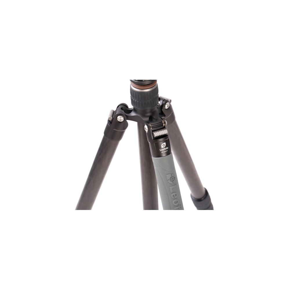 A black carbon tripod head with three legs and a gray grip.