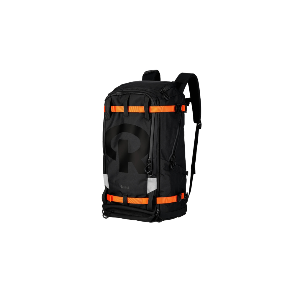 A black backpack with orange accents and a large R logo.